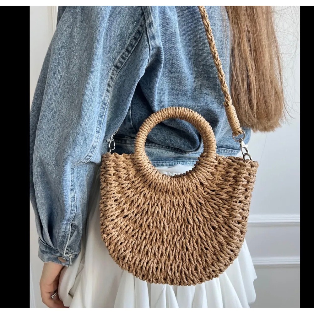 Straw Woven Crossbody Bag‎ Circle Handle Top Handle Chic Boho Summer Accessory